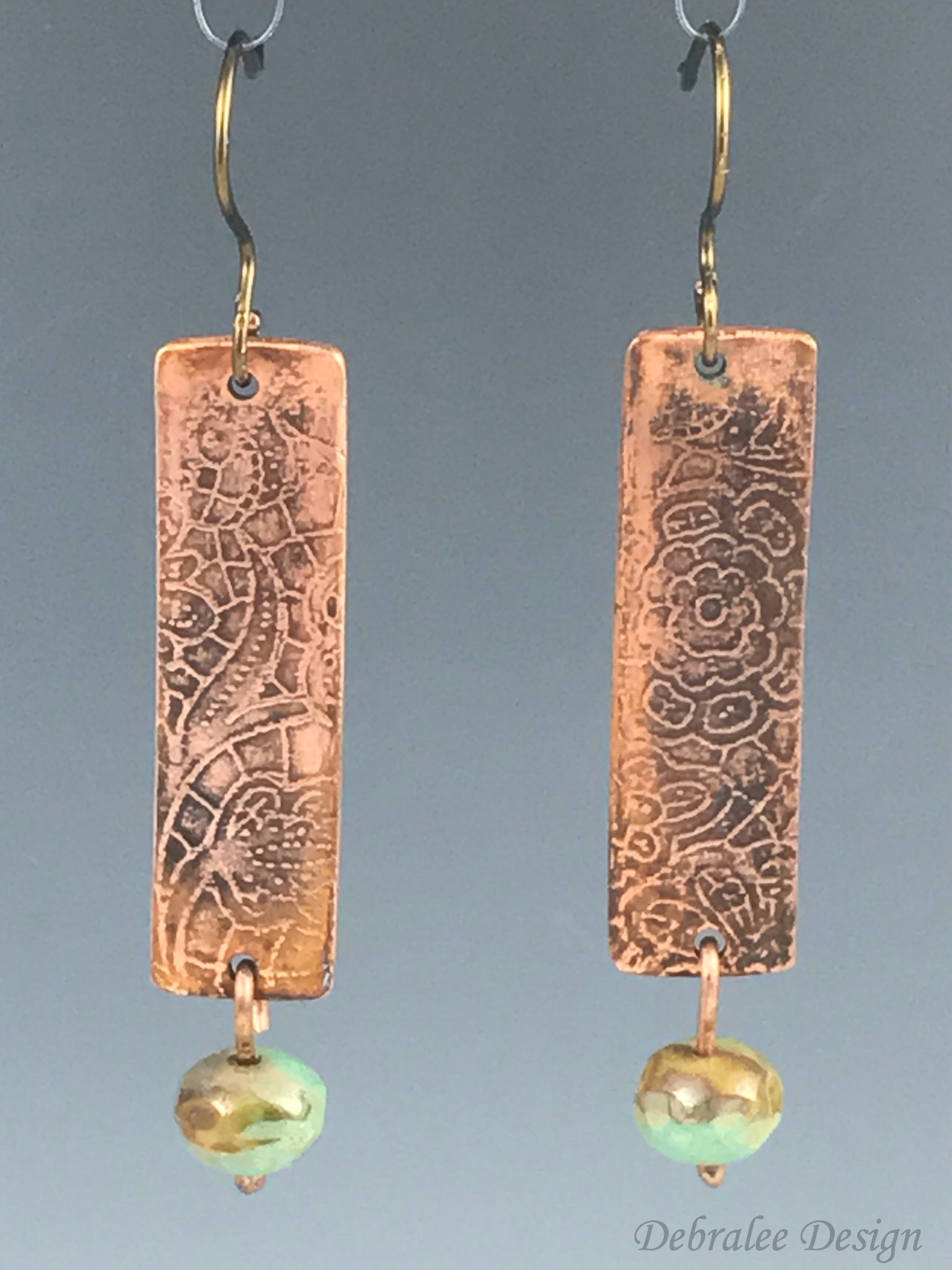 etched copper earring w/Czech glass dangles